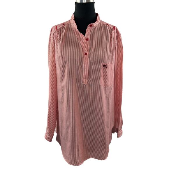 EASSON Red White Striped Long Sleeve Mandarin Collar Pocket Popover Top Blouse - Picture 1 of 8